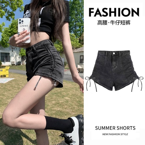 Lace-up design denim shorts for women, black and gray thin shirred high-waist straight elastic slim hot pants wide-leg pants