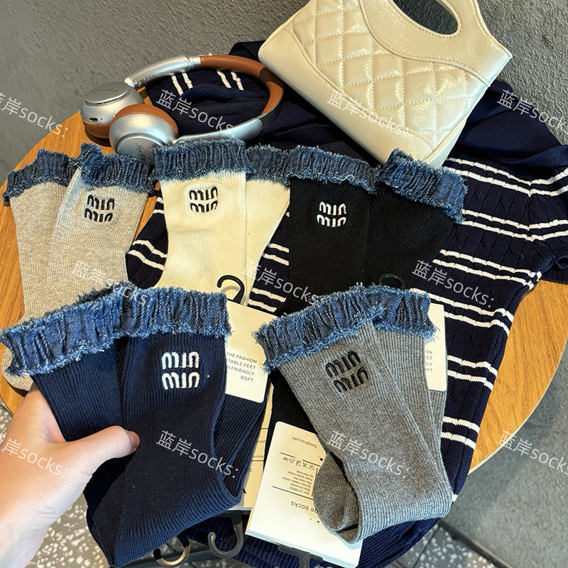 European New Style Denim Lace Socks Retro Old Money Style Mid-Calf Socks Versatile Navy Blue Long Socks Slouch Socks Ins Trend