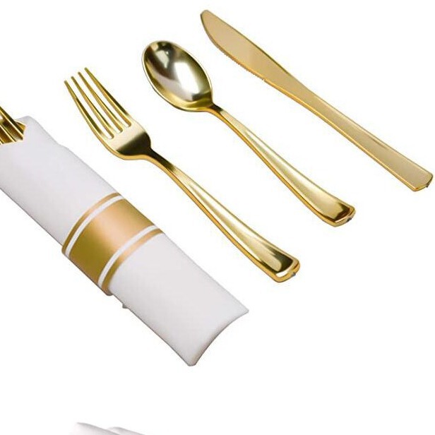 Amazon Disposable Plastic Golden Knife, Fork and Spoon Napkin Set Wedding Party Dining Decorative Tableware Three Pieces