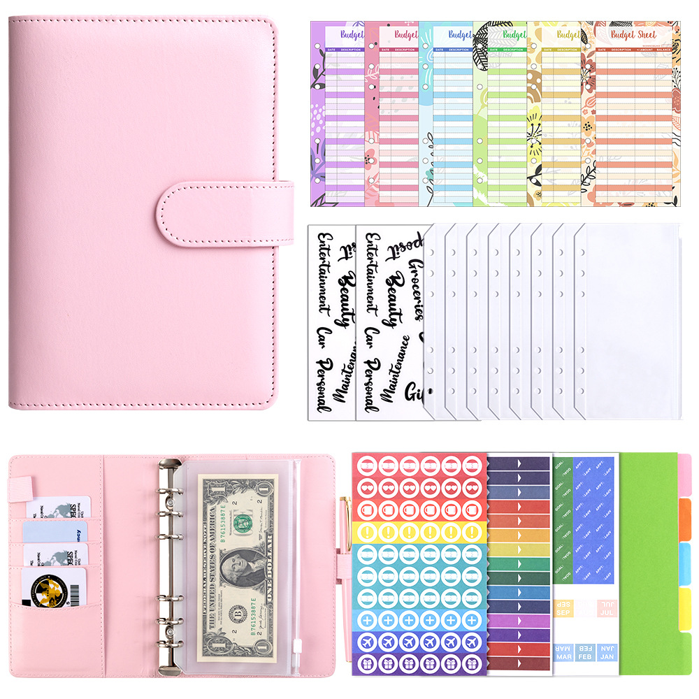 Presupuesto transfronterizo Cash Clip de hojas sueltas Bolsa con cremallera Sobres Libro de cuentas A6 Macarons PU Cuaderno de hojas sueltas de cuero