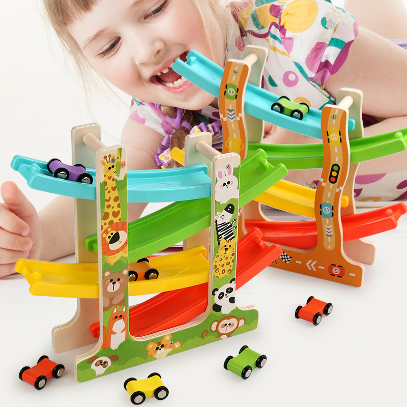 Coche inercial de deslizamiento de cuatro pistas de madera para niños, Amazon transfronterizo, juguetes educativos de educación temprana para bebés de 3-7 años