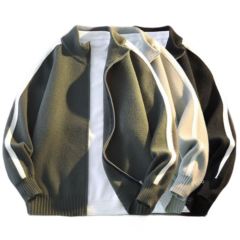 Explosiones transfronterizas de tamaño grande europeo a rayas cardigan jersey suéter chaqueta de hombre con cremallera fábrica de cuello vertical al por mayor