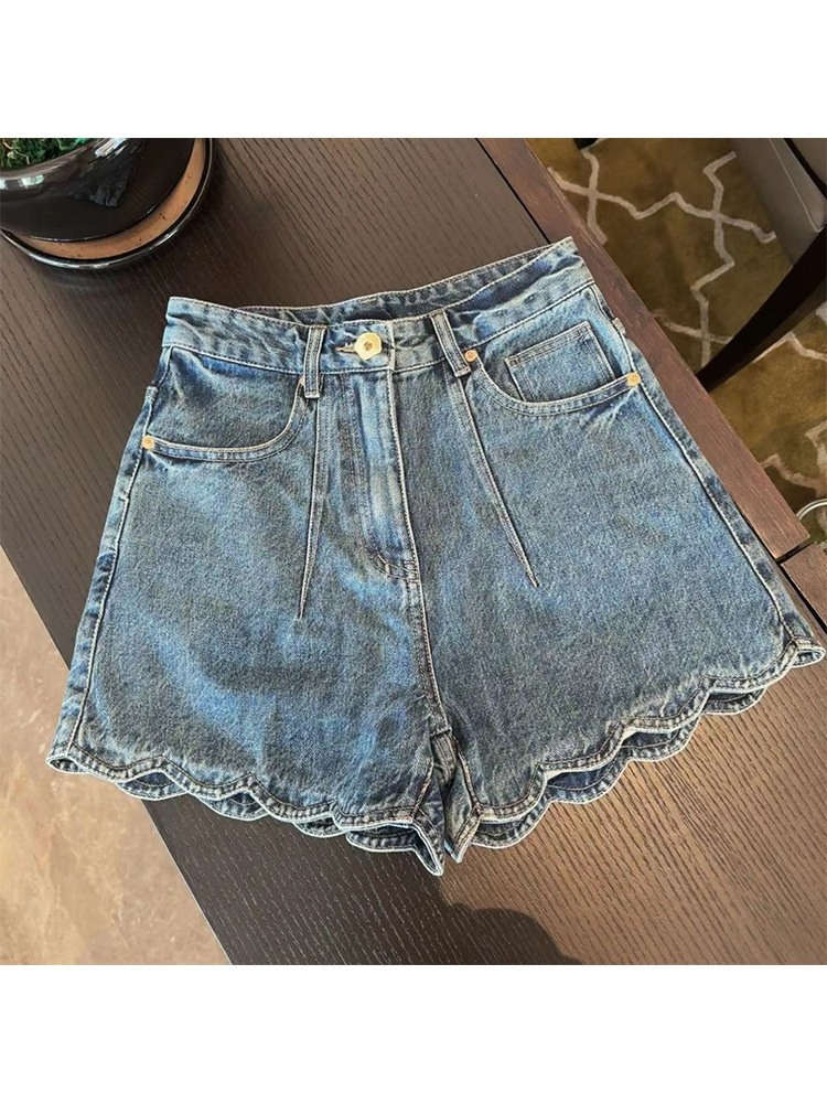 Quần short jean nữ ống lượn sóng phong cách cổ điển Mỹ FL231457 — Màu xanh lam