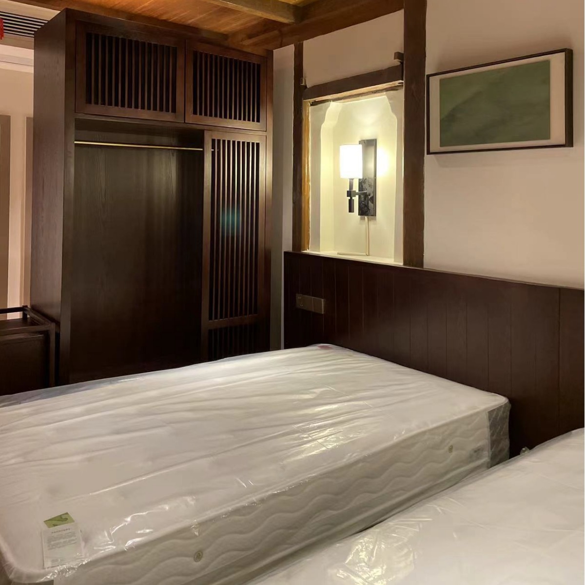New Chinese Solid Wood Double Bed Model Room Master Bedroom Single Bed Hotel Hotel Homestay Furniture Complete Production