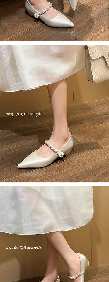 Giày cao gót nữ mũi nhọn quai ngang đính pha lê, đế xuồng độn cao bên trong, gót thấp dưới 3 cm — Màu bạc, Màu mơ, Màu vàng nhạt chi tiết 12