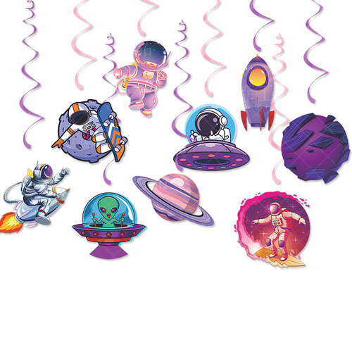 New space starry sky theme birthday party decoration set birthday flag spiral pendant cake insert