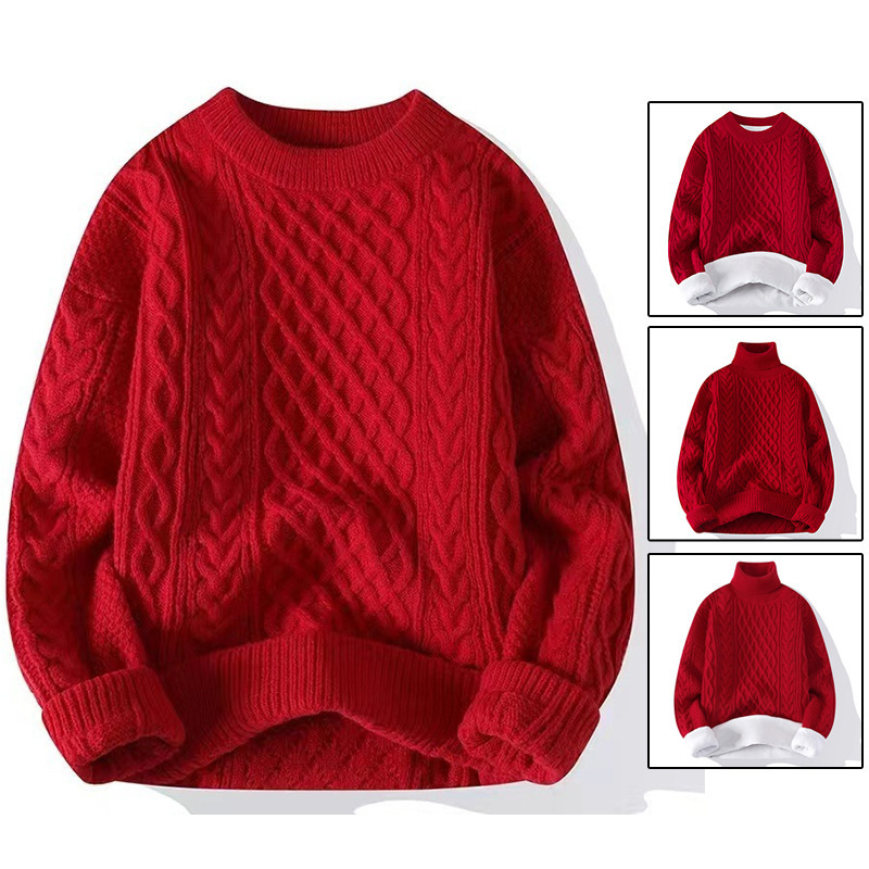 Red Sweaters for Men and Women in Their Zodiac Year, Autumn and Winter High-Neck Fleece-Lined New Year Solid Color Knitwear, Direct Wholesale from Foreign Trade Factories