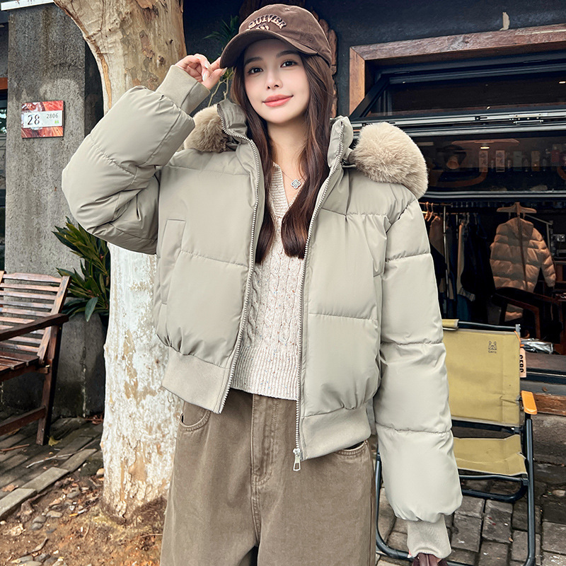 外贸韩版风连帽大毛领棉服女2025年冬新款高腰短款面包服外套现货|undefined