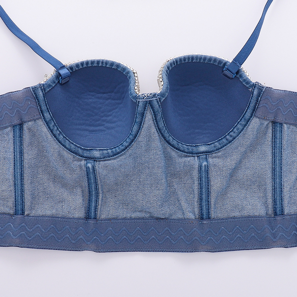 Design bandeau din denim tip fishbone, cu franjuri, bretele cu diamant strălucitor, îmbrăcăminte exterioară, top bungee căptușit pentru femei_voghion.com