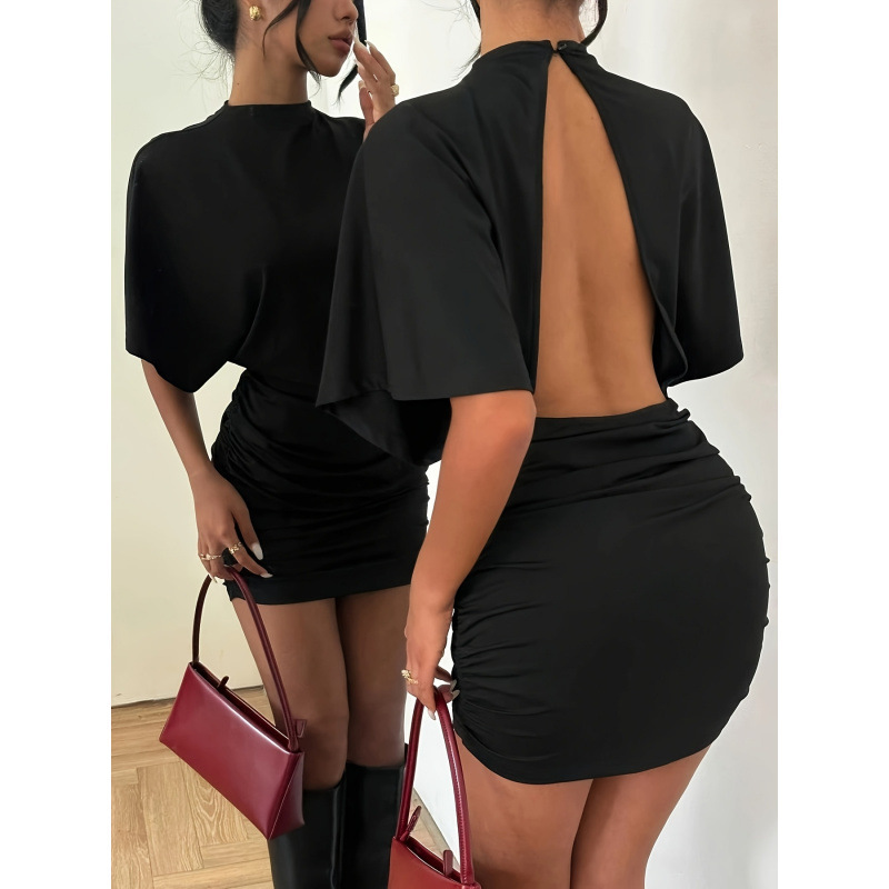 Women's New Summer Fashion Y2K Style Solid Color High Neck Sexy Backless Waist-Cinching Ruched Slim Fit Mini Dress Women's New Summer Fashion Y2K Style Solid Color High Neck Sexy Backless Waist-Cinching Ruched Slim Fit Mini Dress