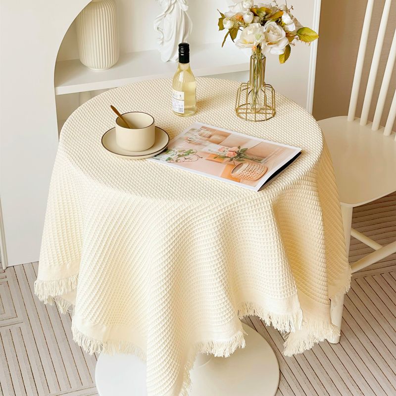 Dropshipping Tablecloth Ins Japanese Style Retro Beige Tassel Fabric Knitted Desk Tablecloth Round Table Dining Table Cover