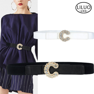 腰带女装饰连衣裙C形镶钻配大衣衬衫收腰百搭松紧腰封细一件代发