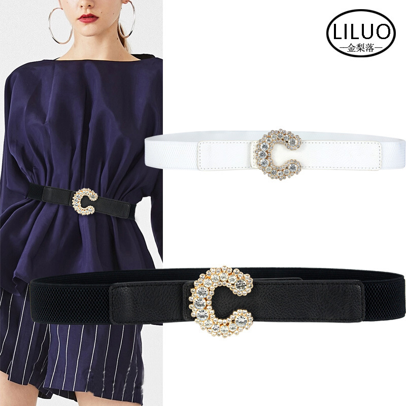 腰带女装饰连衣裙C形镶钻配大衣衬衫收腰百搭松紧腰封细一件代发