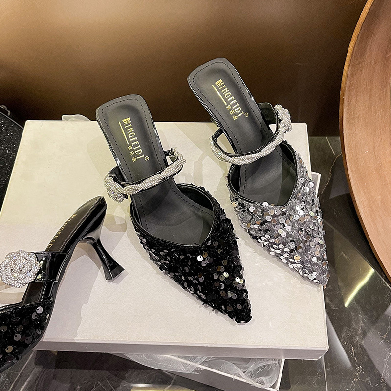 2025 nuevo estilo de verano con sandalias y zapatillas de tacón alto de tacón de aguja de diamantes de imitación image 5
