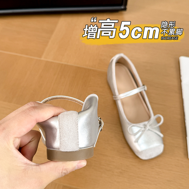 5cm Small Size Silver French Lambskin Square Toe Bow Ballet Shoes for Women with Small Feet and Inner Height Increase