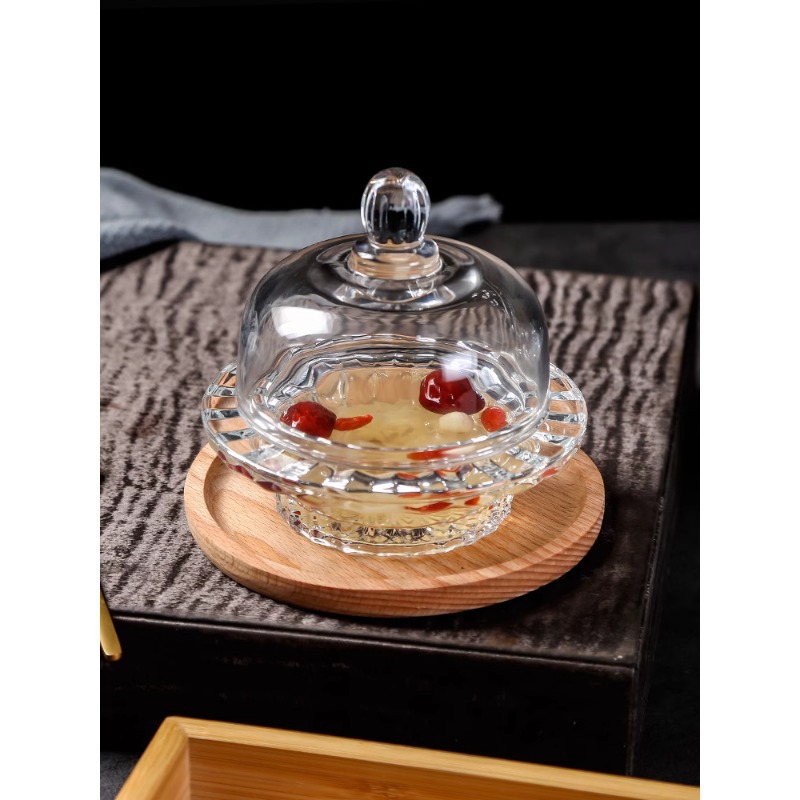 Tazón de postre de vidrio con tapa Tazón de nido de pájaro transparente Aperitivos de frutas Taza de dulces Pera de otoño Hongo blanco Taza de sopa pequeña Vajilla