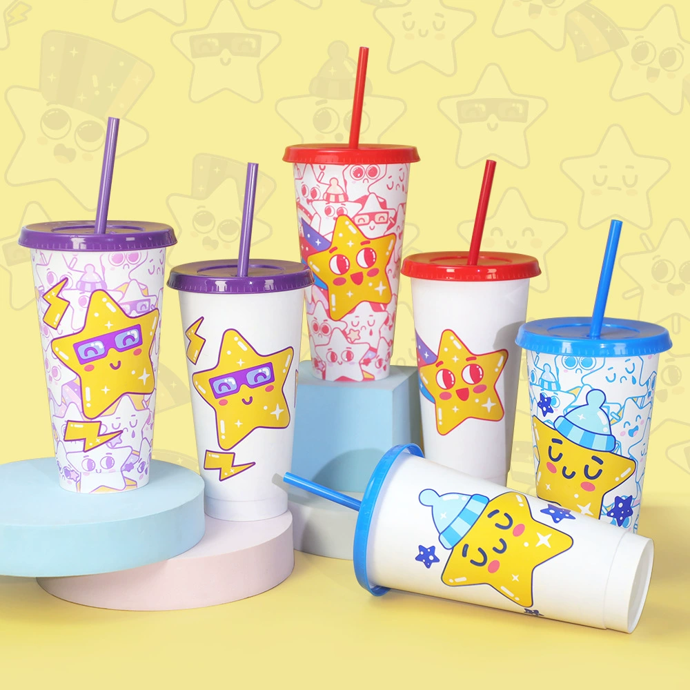 Plastic straw, cartoon creative set with glass, 3 piece set