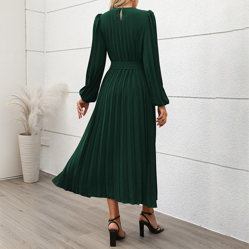 Independent Station Europe 2025 New Autumn Cross-border Party Professional Elegant Retro Long-Sleeve Solid Color Pleated Dress