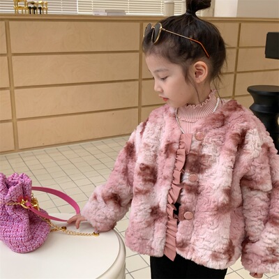 Korean Edition girl winter Leopard leather and fur coat 2022 children Winter clothes Plush Thickened paragraph girl baby coat