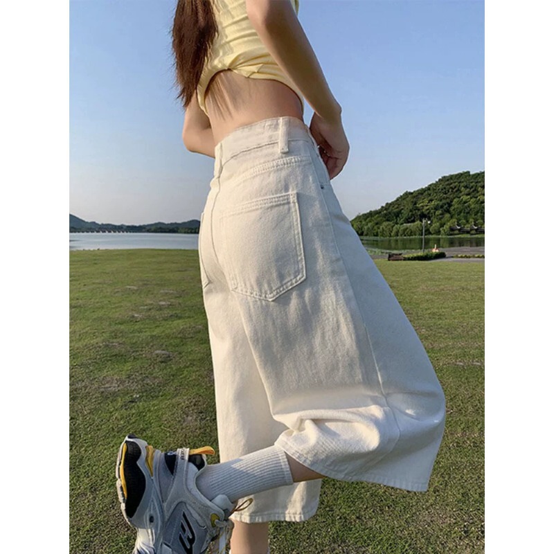 Plus-Size Women's Summer Denim Shorts, Vintage American Style, Loose Fit, High-Waisted, Straight-Leg, Wide-Leg, Mid-Length Pants