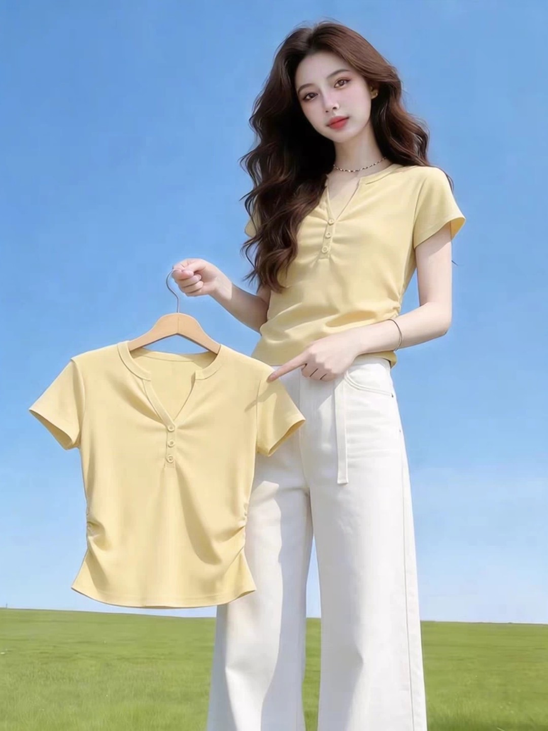 Áo thun ngắn tay nữ phong cách Hàn Quốc, thiết kế thắt eo tôn dáng — màu trắng