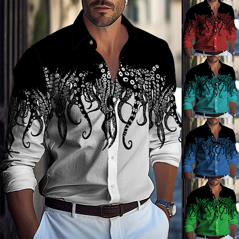 Amazon European and American men's shirt trendy new digital printing octopus men's casual cardigan long sleeve shirt