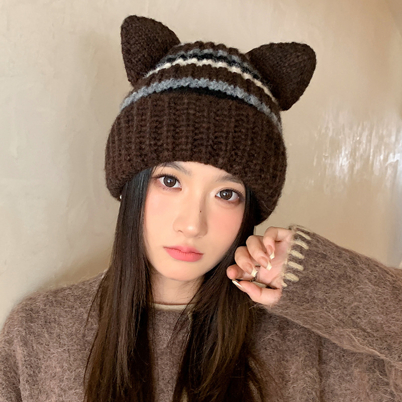美式甜酷加厚条纹针织帽秋冬保暖猪耳朵毛线帽休闲百搭防风套头帽|undefined