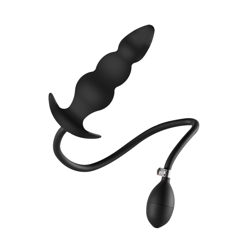 Inflatable Anal Beads Plug with Three Beads, Silicone Body, Black — detail image 16