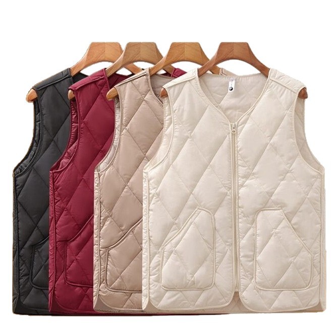 Autumn and winter warm vest for middle-aged and elderly women, solid color plus-size casual vest, cross-border lightweight vest with inner lining