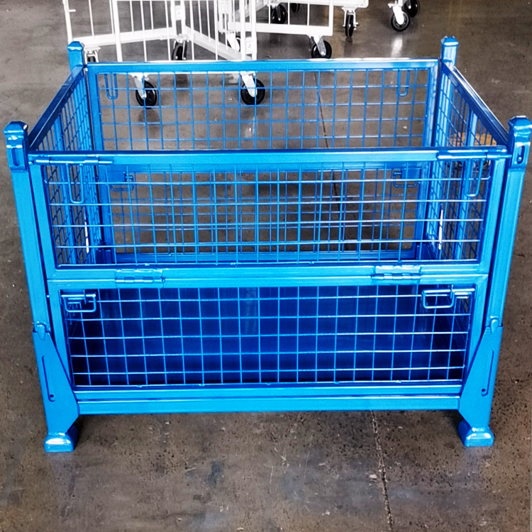 网格物流箱 侧面围网格底部铺铁板可堆垛折叠式金属料箱