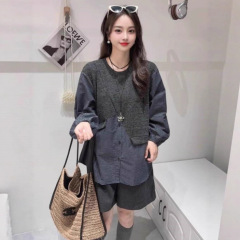 韩版时尚百搭宽松显瘦圆领格子拼接长袖假两件衬衫女2025秋季新款