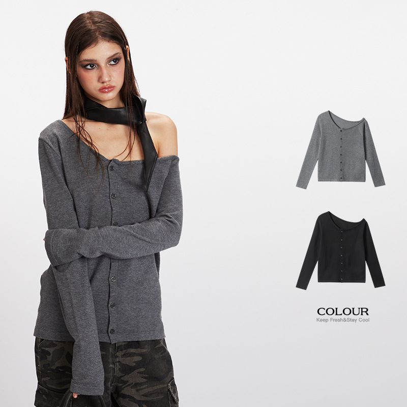 Heyhenry American-Style Off-Shoulder Cardigan Long-Sleeve Knit Top for Women in Spring and Autumn