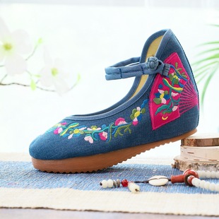 High Heels Shoes Ethnic Style Embroidered Cloth Shoes Spring and Autumn Wedge Women's Shoes Women's Shoes with One-Button