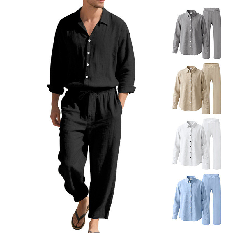 Cross-Border Independent Station American Four-Season Linen Men's Casual Loose Beach Sun Protection Long-Sleeved Shirt and Trousers Suit Cross-Border Independent Station American Four-Season Linen Men's Casual Loose Beach Sun Protection Long-Sleeved Shirt and Trousers Suit