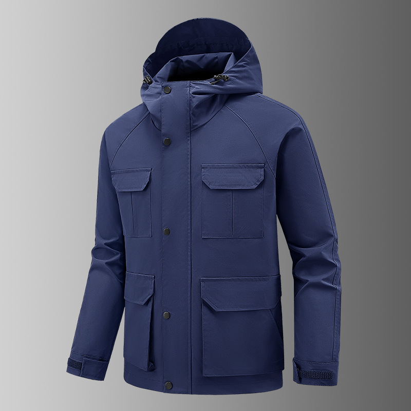 2025 Spring/Autumn New Style Middle-Aged and Young Men's Workwear Multi-Pocket Windbreaker Hooded Jacket Outdoor Cycling Casual Wear