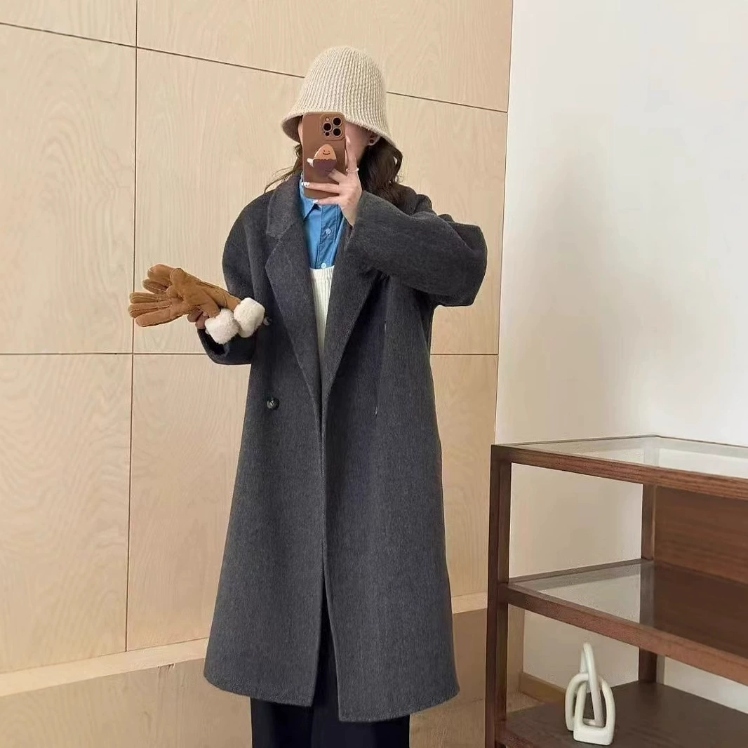 [Новый высокий уровень с четырьмя пряжками] 2024 новые корейские коммутирующие простые нежные двухсторонние шерстяные пальто женские длинные