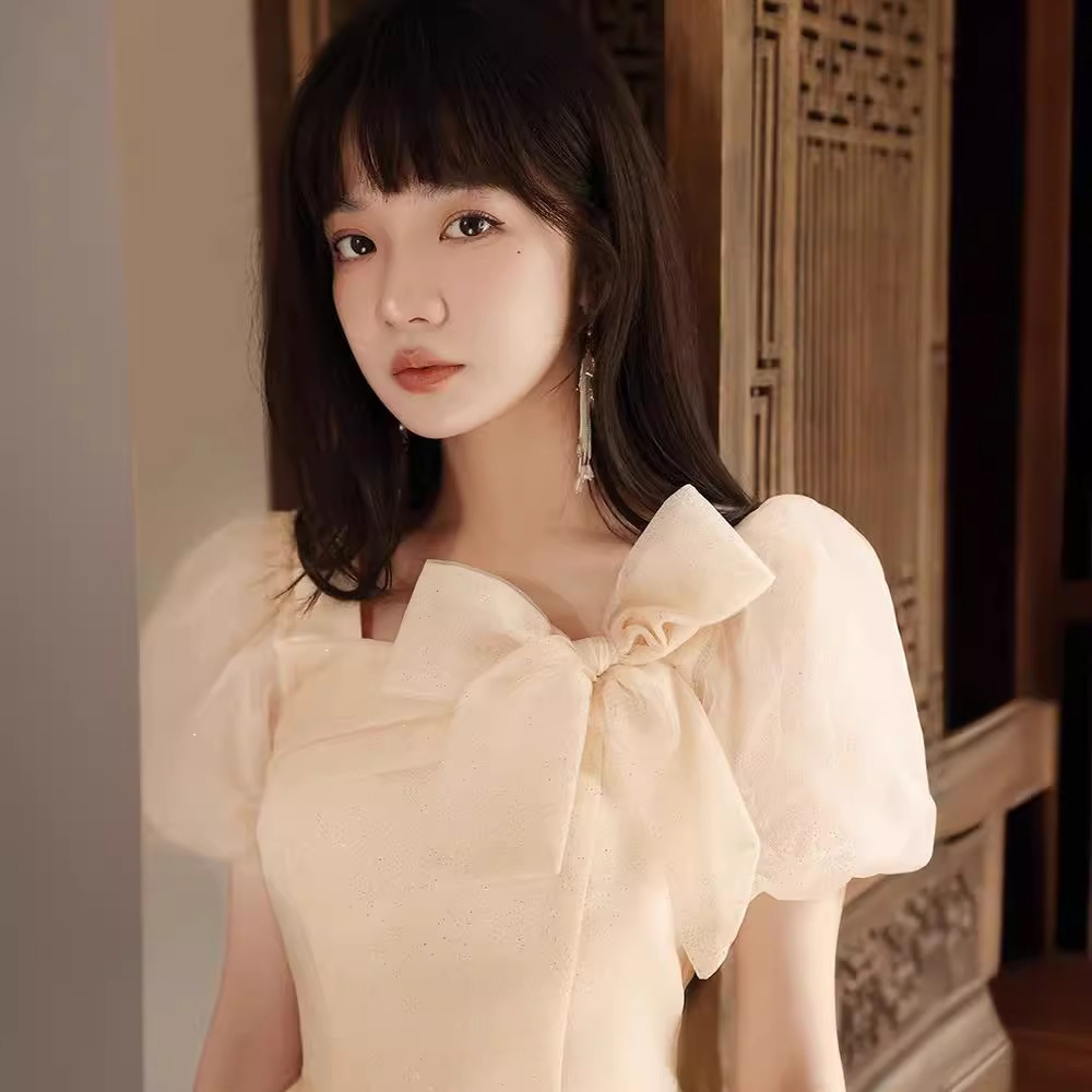 Đầm maxi nữ thắt eo kiểu Pháp, chất vải gạc nhẹ, phù hợp dự tiệc, lễ tốt nghiệp, lễ trưởng thành — Màu sâm panh, Màu trắng be, Màu xanh lam nhạt, Nhấp nháy nhẹ, hãy cẩn thận