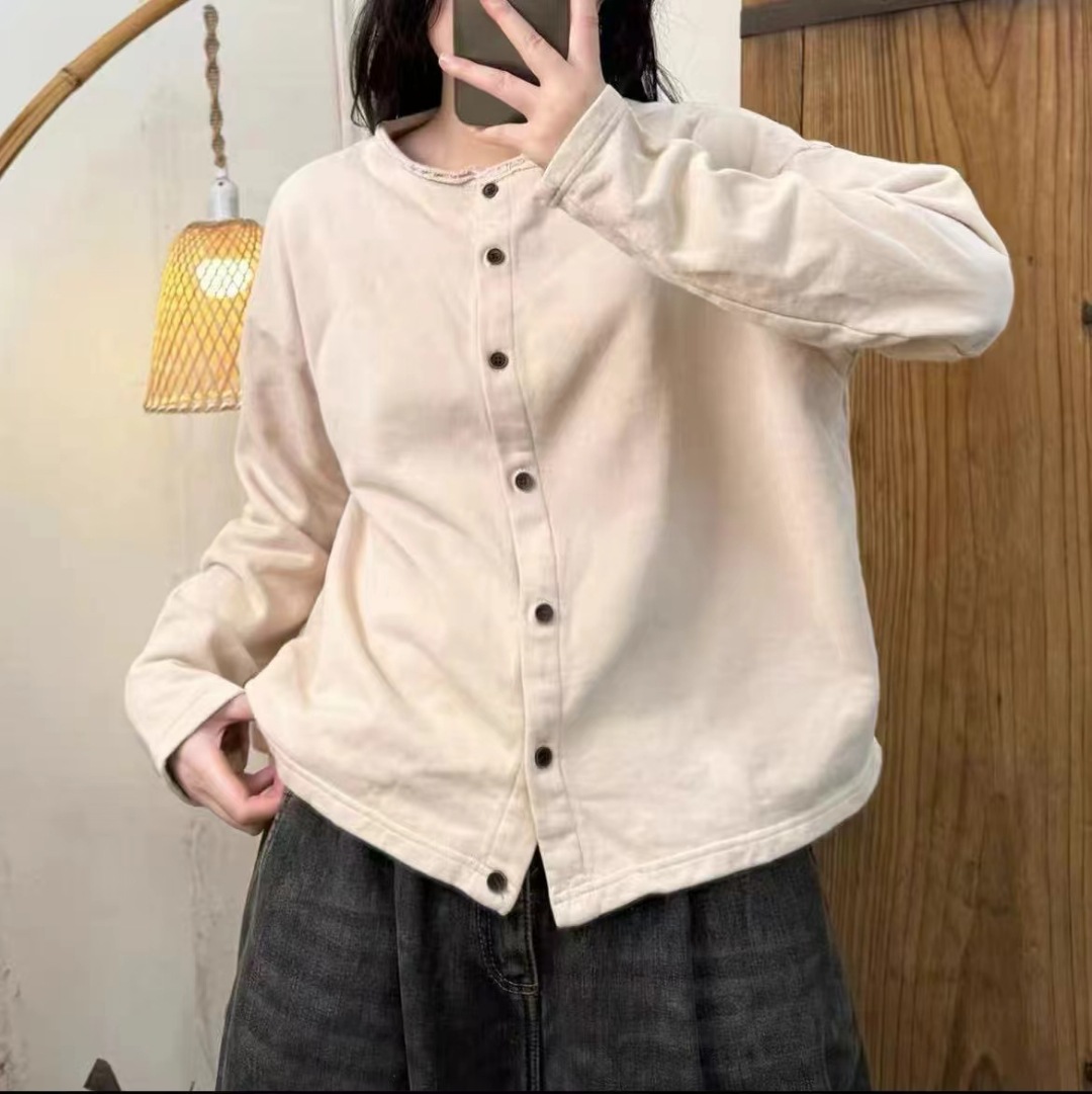 テリーコットン系のカーディガン女性の丸首カーディガン2025春の新型のゆったりしたカジュアルファッションのキャンディー色の上着