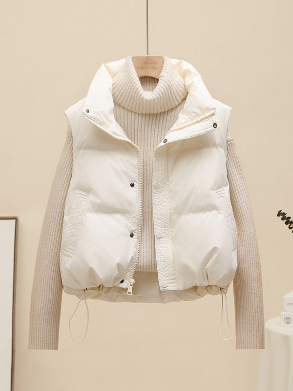Áo khoác ngắn nữ dáng vest cổ đứng, phối túi khóa kéo ngực, giữ ấm mùa đông — Màu trắng nhạt, Xanh quân đội, màu đen, nâu