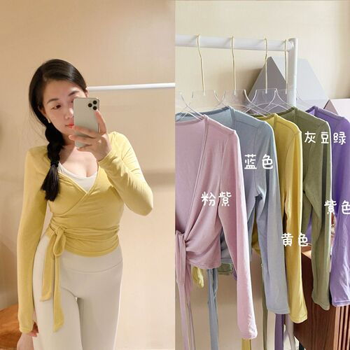 Korean internet celebrity yoga fitness long-sleeved strappy knotted blouse lulu thin and highly elastic V-neck sports top for women