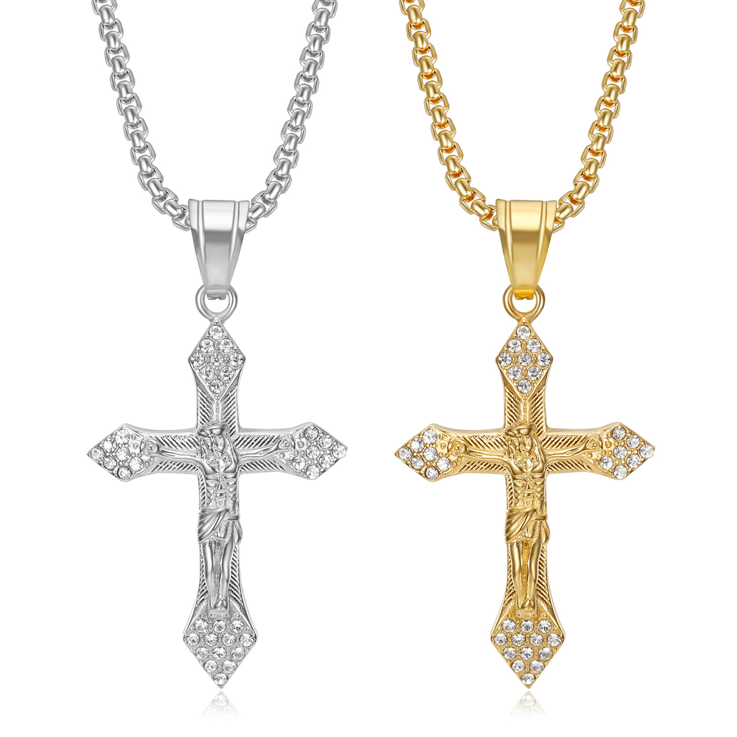Hip-Hop Cross Titanium Steel Plating Rhinestones 18K Gold Plated Men's