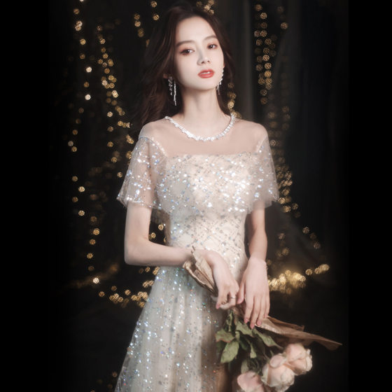 Champagne Evening Dress Celebrity Fairy Dame Elegant Autumn Birthday Bridesmaid Dress 2024 New Slim-fit Slimming Women