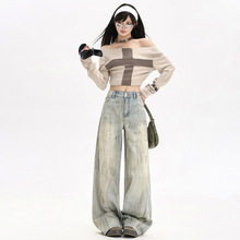 稚橘#小众潮流泼漆涂鸦阔腿牛仔裤女宽松显瘦做旧个性百搭拖地裤