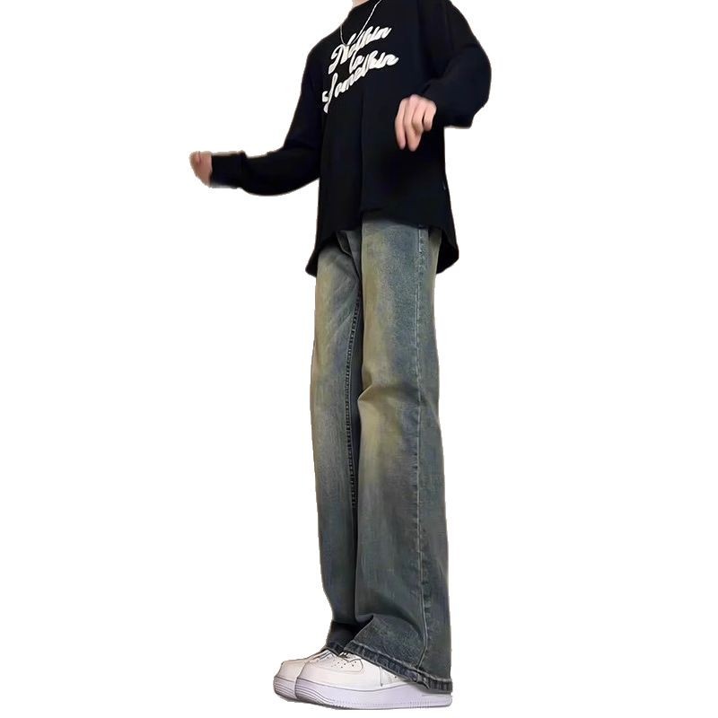 Retro Blue Jeans Men Spring And Autumn Tall Micro-flared Pants Straight American Vibe Pants High Street Washing_mkmklike.com