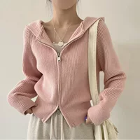 Осенне-зимний кардиган с капюшоном в стиле лофер, корейский дизайн с молнией, воротник-лацкан, вязаный трикотаж для женщин