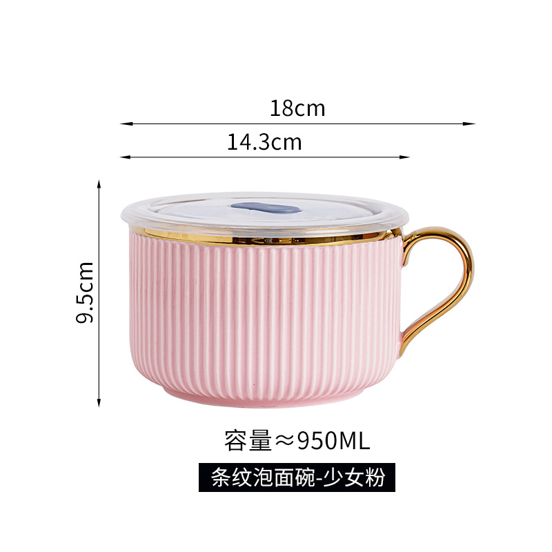 Tazón de fideos instantáneos de cerámica creativa con tapa para estudiantes de dormitorio con mango Tazón de fideos instantáneos para comedor Caja de almuerzo para uso personal