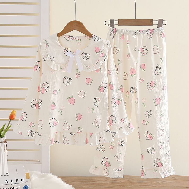 Girls 2025 Spring New Children's Pajamas Thin Long Sleeve Girls Cloud Cotton Two-Piece Home Clothes Set