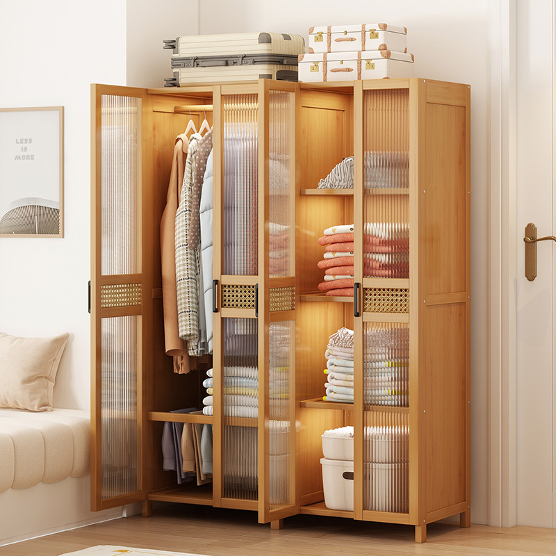 Wardrobe for Home Bedroom Rental, Simple Children's Dustproof Wardrobe with Door, Solid Wood Bamboo Wardrobe, Strong and Durable