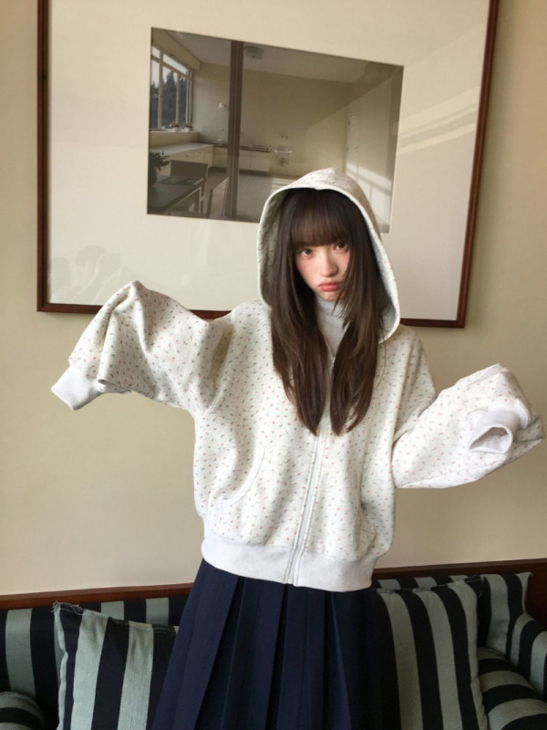 2055新款韩系ins慵懒风碎花连帽卫衣女秋季小个子简约休闲外套|undefined