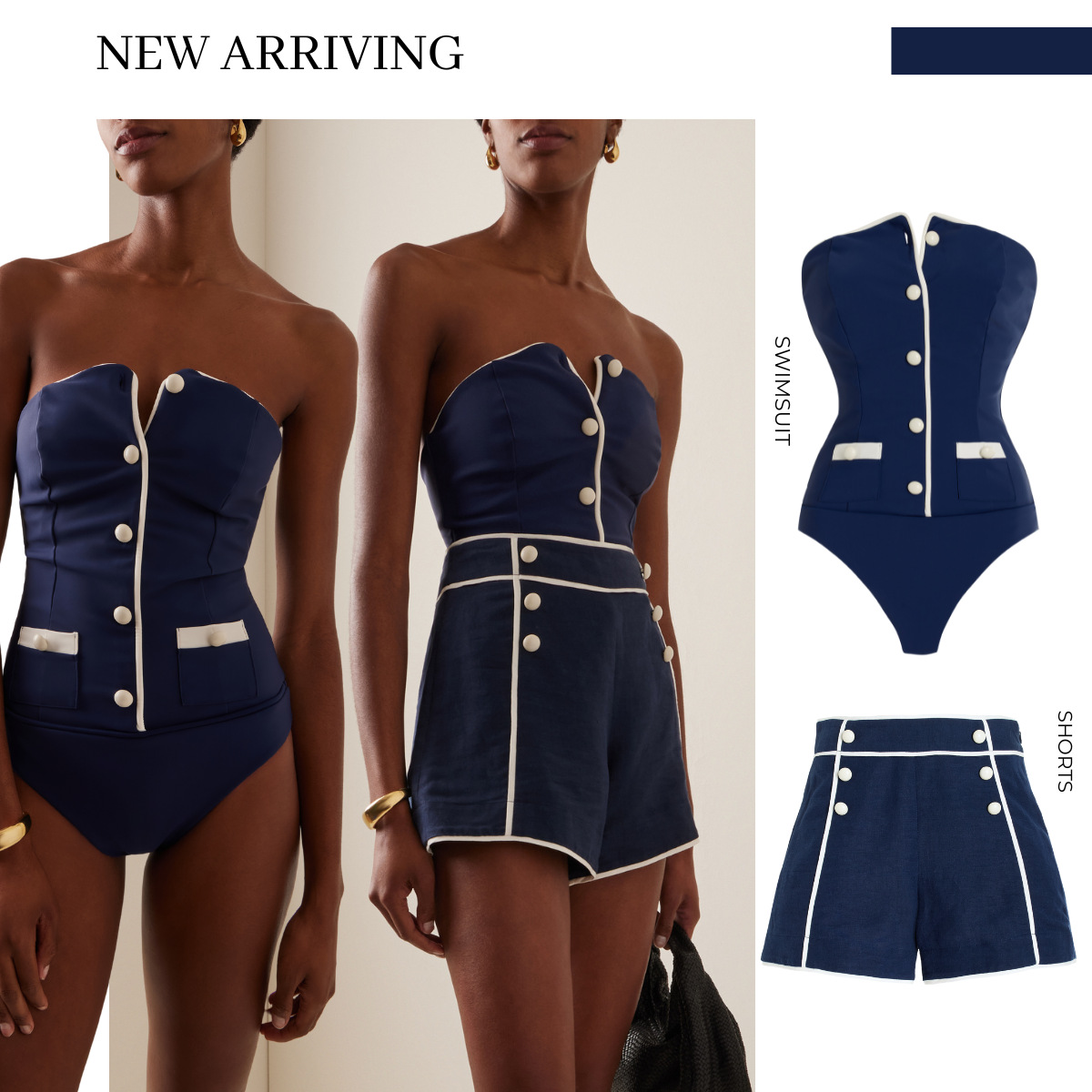Navy Blue One-piece Swimsuit With Shorts High-cut Slimming Style_voghion.com